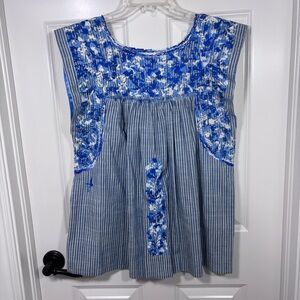 Mi Golondrina Flores Embroidered Striped Chambray Top Women’s L Blue